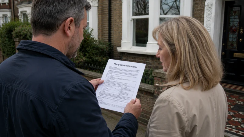 Two people reading a Party Structure Notice document